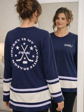 VS PINK Hockey Is My Favorite Season Jersey Long Sleeve Shirt, Navy Blue, Sz SP